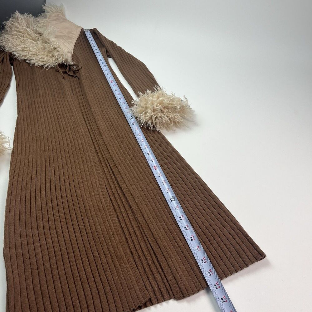 Haute Hippie Faux Fur Trim Ribbed Long Cardigan XS Brown Duster Penny Lane 70s - Picture 6 of 8